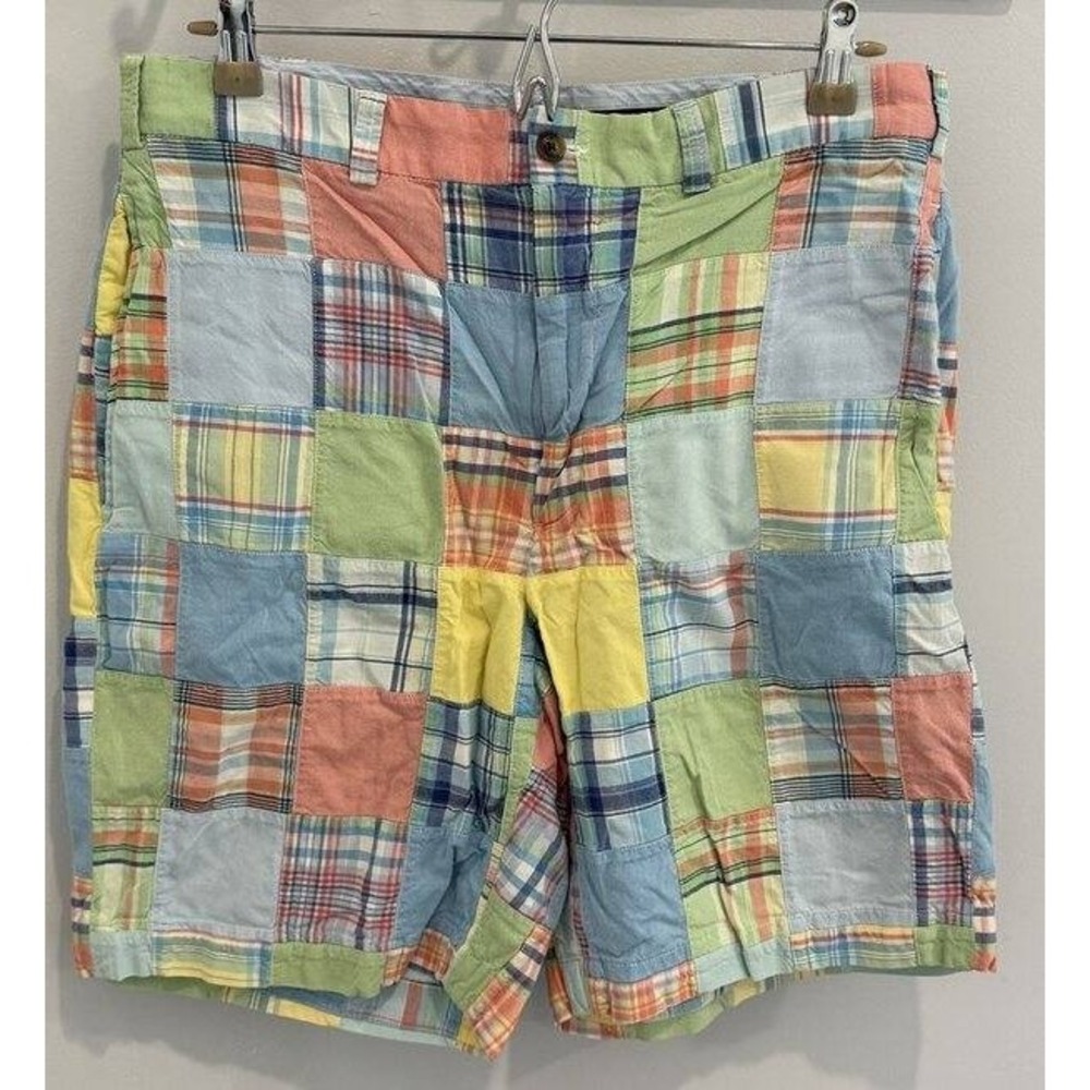 Brooks Brothers Madras Patchwork Plaid Shorts Flat Front Preppy Cotton Size 34